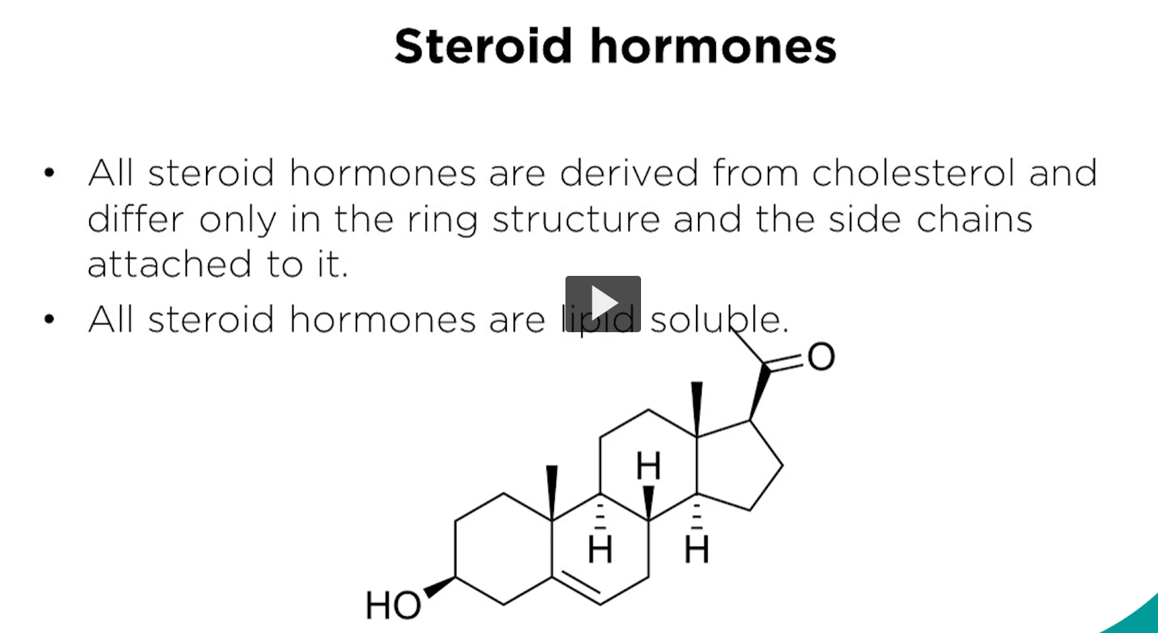 <p><u>steroid hormones</u></p><p>This is a typical steral structure. The difference in function relate to the chemical groups on the sterol. Remember that the steroid hormones are not soluble in water, but are soluble in organic solvents. </p>