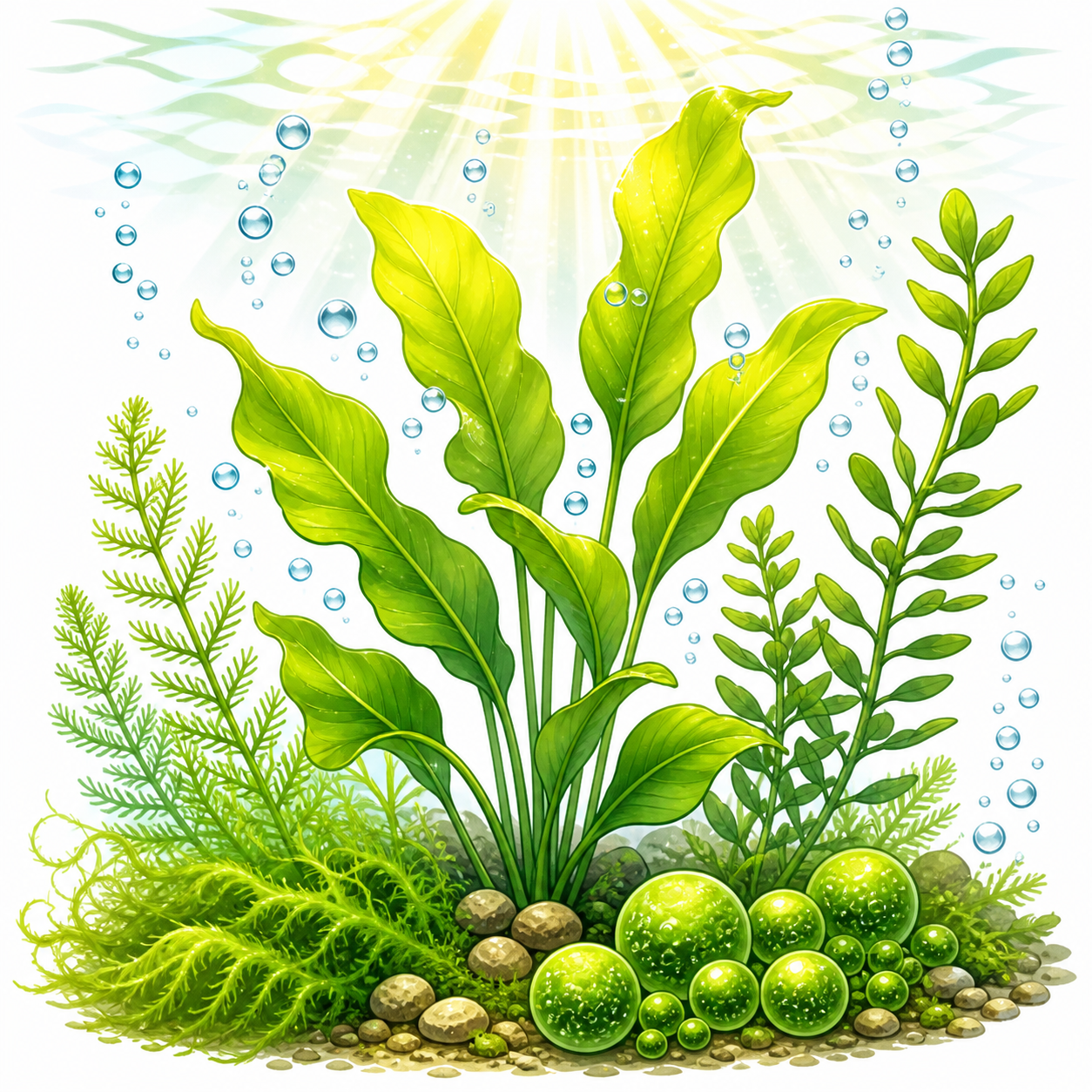 <p>Organisms like algae and plants that use sunlight to make their own food.</p>