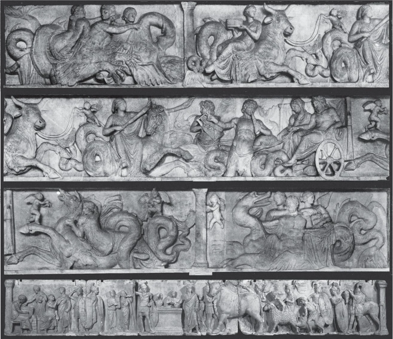 <p><span>Commemorated specific events. E.g. so-called Altar of Domitius Ahenobarbus/Statue base of Marcus Antonius, Late 2nd to early 1st c BCE. One section depicts a census, another section depicts a <em>thiasos</em> (procession across the sea for the marriage of sea god Neptune)</span></p>