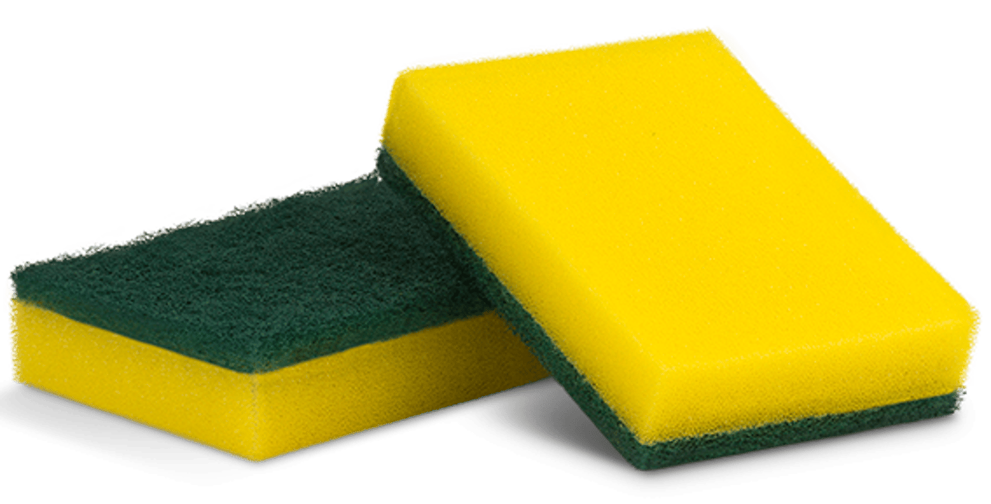 <p>A small piece of porous material used for scrubbing and washing dishes.</p><p>Example: Put some soap on the dish sponge and wash the pan.</p>