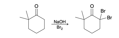 <p>When more than one α proton is present, it is difficult to achieve monobromination in basic conditions, because the brominated product is more reactive and rapidly undergoes further bromination</p>
