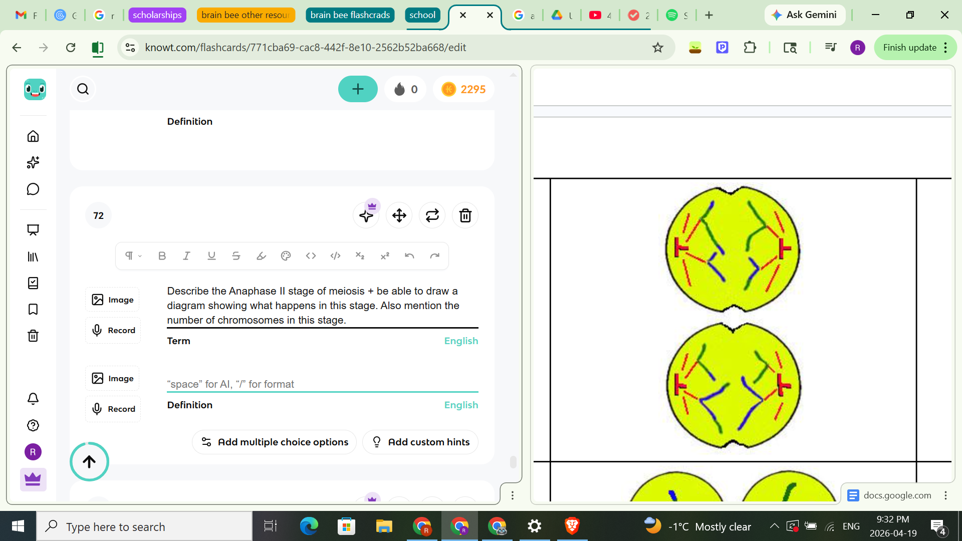 <ul><li><p><span style="background-color: transparent;">In meiosis 2- sister chromatids separate process&nbsp;</span></p></li><li><p><span style="background-color: transparent;">The sister chromatids separate and move to opposite poles of the cell.&nbsp;</span></p></li><li><p><span style="background-color: transparent;">Once separated, they are considered individual chromosomes&nbsp;</span></p></li></ul><p><u>Chromosome number</u>:</p><ul><li><p>2 cells each with 23 single chromosomes</p></li><li><p>Haploid</p></li></ul><p></p>