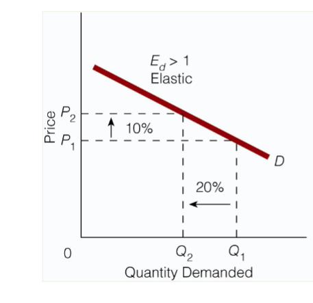 <ul><li><p>the % change in quantity demanded is greater than the % change in price</p></li><li><p>quantity demanded changes proportionately more than price changes</p></li></ul><p></p>