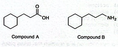 <p><span>An organic solution contains a mixture of compound A and B (shown below). You put this solution into a separatory funnel with 1M HCI, shake and allow the layers to separate. Where will each compound be?</span></p>