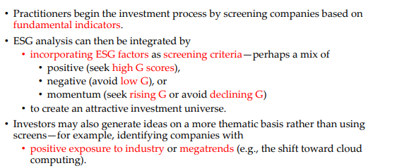 <p>Incorporate ESG factors as screeing criteria such as seeking high G scores or avoiding low G scores.</p><p>Or looks for companies with positive exposure to industry or megatrends</p>