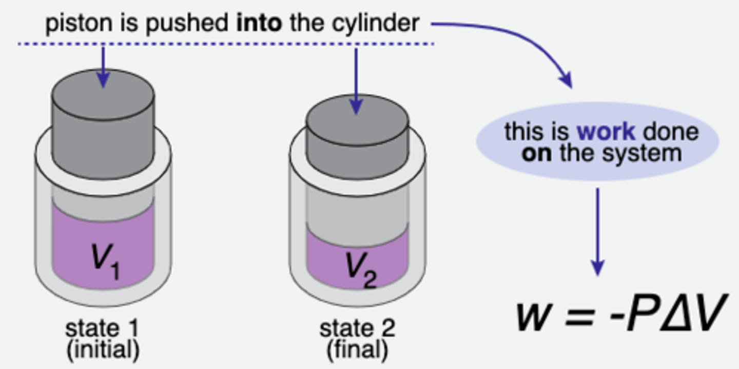 <p>W= -P delta V</p><p>Work = - (pressure) x (change in volume)</p><p>https://www.khanacademy.org/science/chemistry/thermodynamics-chemistry/internal-energy-sal/a/pressure-volume-work</p>