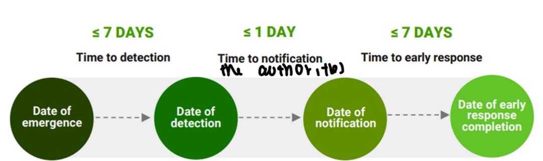 <ol><li><p>have surveillance systems/labs</p></li><li><p>collaborate when making decisions during an emergency</p></li><li><p>notify authorities of the event</p></li><li><p>respond effiiciently to the event </p></li></ol><p>.</p><p>detect the emergency within 7 days of emergence </p><p>then notify authorities within 1 day</p><p>then respond within 7 days</p>