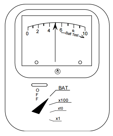 <p>What reading is indicated on the survey meter illustrated below? [Needle points to 5, multiplier set to x1]</p><p>A) 5 mR</p><p>B) 50 mR/hr</p><p>C) 5 mR/hr</p><p>D) Low battery</p>