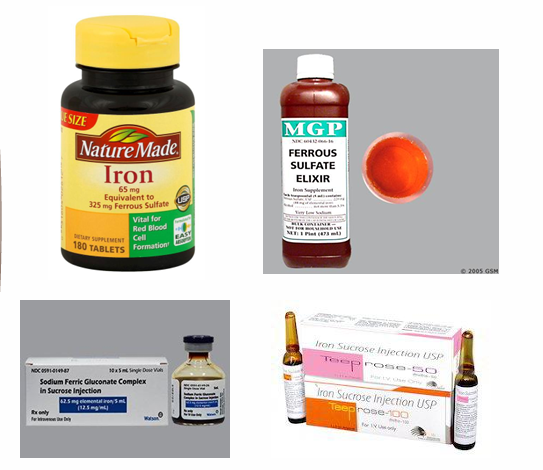 <p>Treat underlying cause</p><ul><li><p>Iron (Fe) replacement</p><ul><li><p>Iron supplement tablets</p></li><li><p>Ferrous Sulfate elixir</p></li><li><p>Iron Sucrose Injection</p></li></ul></li></ul><p>Foods that ENHANCE Iron absorption</p><ul><li><p>Citrus fruits</p></li><li><p>Tomatoes</p></li><li><p>Chili peppers</p></li></ul><p>Foods that IMPAIR iron Absorption</p><ul><li><p>Tea</p></li><li><p>Cereal (if it contains phytates)</p></li></ul><p></p>