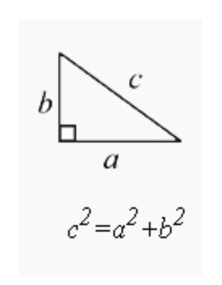 <p>a<sup>2 </sup> + b<sup>2  </sup>= c<sup>2 </sup></p><ul><li><p>this theorem can only be used for right triangles (triangles with a 90-degree angle)</p></li><li><p>a and b are the two shorter sides, or “legs”, and c is the hypotenuse (the longest side of a right triangle)</p></li><li><p>certain triangle-side combinations (a: b: c), called pythagorean triples, are easy to memorize. Common ones on the GRE are:</p><ul><li><p>3:4:5</p></li><li><p>5:12:13</p></li><li><p>8:15:17</p></li></ul></li></ul><p></p>