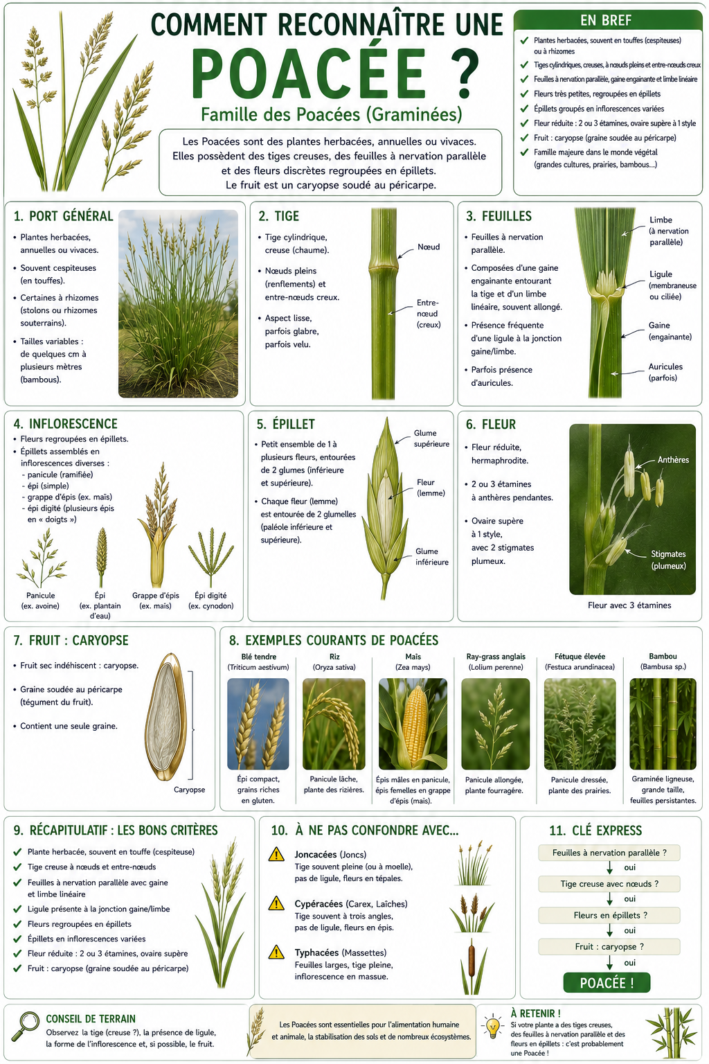 <p>Les Poaceae sont des monocotylédones dominantes dans les milieux ouverts. Leur tige (chaume) est cylindrique, creuse entre les nœuds, ce qui est un critère clé.</p><p>Les feuilles sont alternes, disposées en deux rangs (distiques), avec une gaine qui entoure la tige et surtout une ligule (petite languette à la jonction gaine/limbe).</p><p>Les fleurs sont très réduites, sans pétales visibles, regroupées en épillets. Chaque fleur (fleuron) est protégée par des glumelles.</p><p>Les fleurs sont anémophiles (pollinisation par le vent), avec souvent 3 étamines et des stigmates plumeux.</p><p>Le fruit est un caryopse (grain).</p><p>Résumé : tige creuse + ligule + épillets = Poaceae.</p>