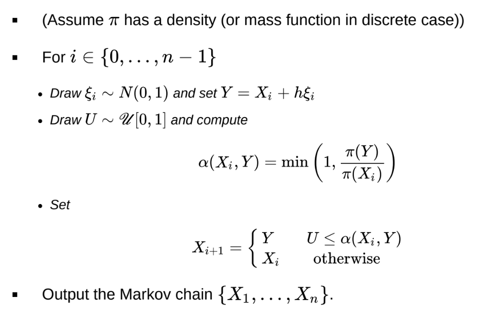 <p>If $$\pi(Y) \geq \pi(X_i) \implies$$Accept the move</p><p>Uphill moves are always accepted, downhill moves are sometimes rejected.</p><p>Therefore, the Markov chain spends more time in regions of higher probability under $$\pi$$ </p>