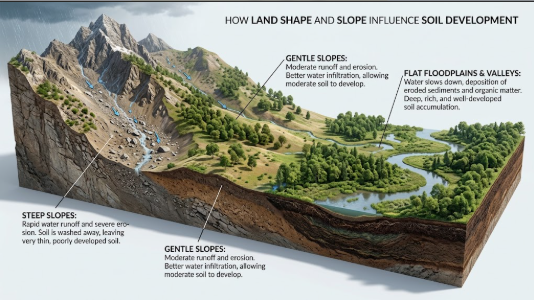 <p>What term/concept is being visualized in this image?</p><p>Definition: The shape and physical features of the land surface (steep slopes vs. flat floodplains) which dictate how well soil can develop and accumulate.</p>