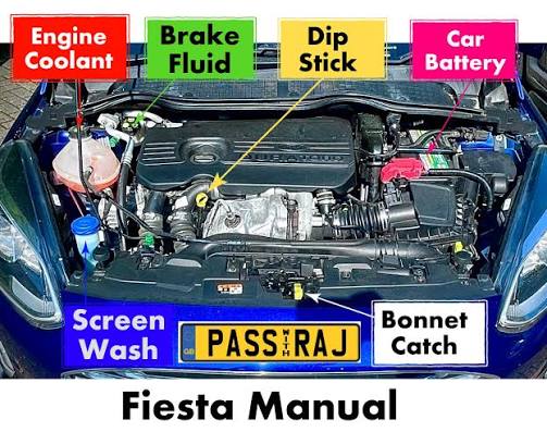 <p>Open bonnet - open passenger door and pull lever twice.</p><p>Identify yellow dipstick/oil level indicator.</p><p>Take out and clean with a cloth. </p><p>Put back in and then take it out again.</p><p>Check oil level is inbetween the minimum and maximum markers.</p>