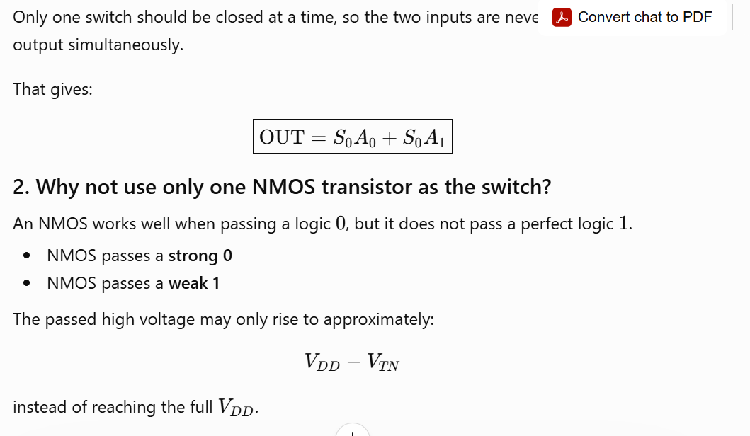 <p>This page is moving from the <strong>ideal switch model of a 2-to-1 MUX</strong> to how that switch is physically built using CMOS transistors.</p>