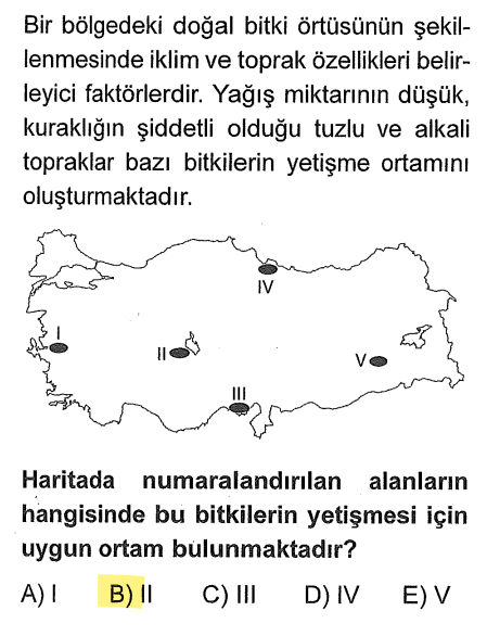 <p>Tuzlu topraklar (Halomorfik), buharlaşmanın en fazla olduğu kapalı havzalarda olur. Haritada II numara <strong>Tuz Gölü çevresidir</strong>. Sular buharlaşır, içindeki tuz yüzeyde kalır.</p>