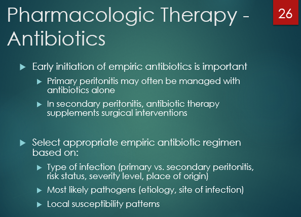 <p>true; in secondary the abx have more of a supplemental role to surgical intervention</p><p></p>