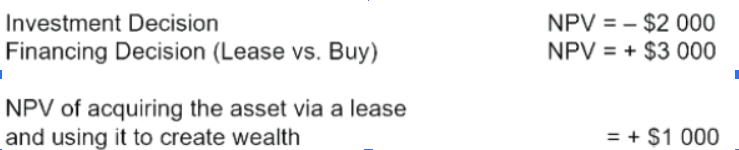 <ul><li><p><span style="background-color: transparent;">The question between leasing and buying from debt is a financing decision</span></p></li><li><p><span style="background-color: transparent;">Whether to invest is an investment decision</span></p><ul><li><p><span style="background-color: transparent;">Overall + npv so generally should take project, but should remain skeptical because the financing decision is rescuing the investment project and every other company can find financing conditions to help lead to a +NPV</span></p></li></ul></li></ul><p></p>