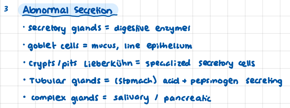 <p>secretory: digestive enzymes, goblet: mucous, crypt/lieberkuhn: specialized secretory, tubular: acid/pepsinogen, complex glands: salivary/pancreatic</p>