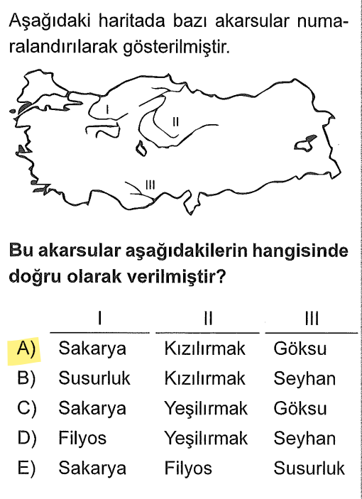 <p>I, Marmara'ya dökülen geniş kıvrımlı Sakarya'dır.</p><p>II, Sivas'tan doğup İç Anadolu'da dev bir yay çizen Kızılırmak'tır.</p><p>III, Akdeniz'e dökülen Göksu'dur.</p>
