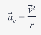 <p>⃗a<sub>c</sub> = ⃗v<sup>2</sup> / r</p><p></p><p>⃗a = centripetal acceleration (m/s2)</p><p>⃗v = velocity (m/s)</p><p>r = radius (m)</p>