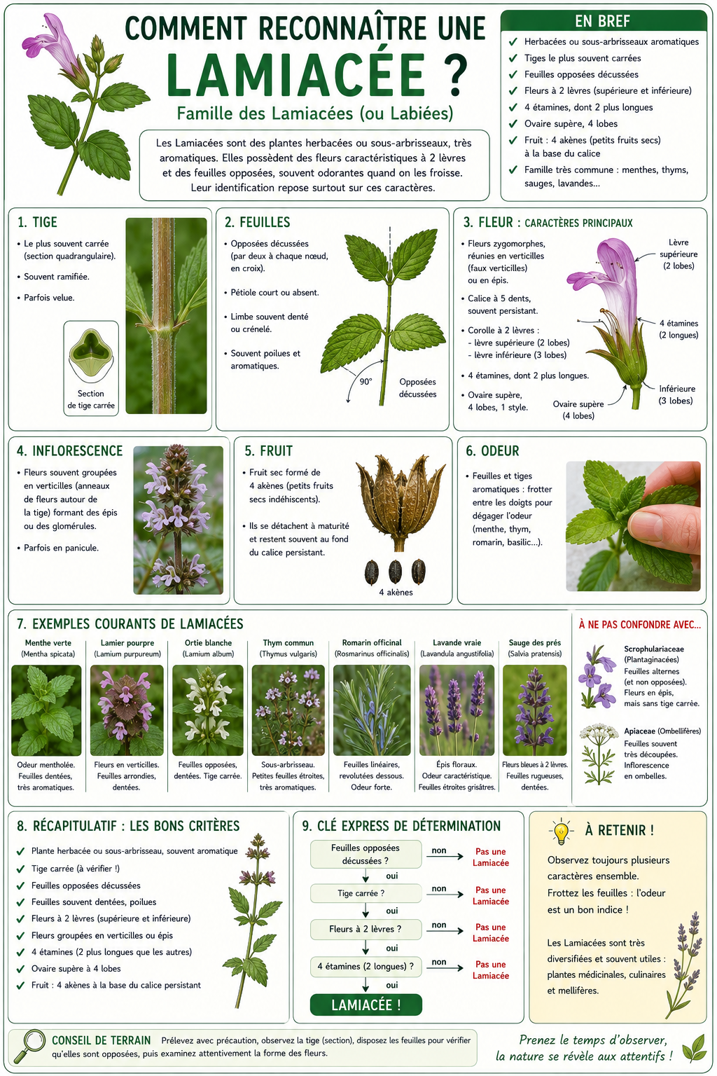 <p>Les Lamiaceae (plantes aromatiques) sont très faciles à reconnaître si tu combines plusieurs critères. Le premier réflexe est de froisser la plante : elle dégage presque toujours une odeur aromatique (huiles essentielles dans des poils glanduleux).</p><p>Ensuite, observe la tige : elle est quadrangulaire (section carrée), ce qui est un critère très fiable. Les feuilles sont opposées et décussées, sans stipules, souvent dentées ou lobées.</p><p>Les fleurs sont bilatérales (zygomorphes) et organisées en faux verticilles (groupes serrés donnant un aspect en étages autour de la tige). La corolle est typiquement bilabiée (en deux lèvres) : une lèvre supérieure et une inférieure.</p><p>L’androcée comporte souvent 4 étamines (didynames : 2 longues + 2 courtes). L’ovaire est supère et donne un fruit en tétrakène (4 petites graines).</p><p>Résumé : odeur + tige carrée + feuilles opposées + fleur bilabiée = Lamiaceae.</p>