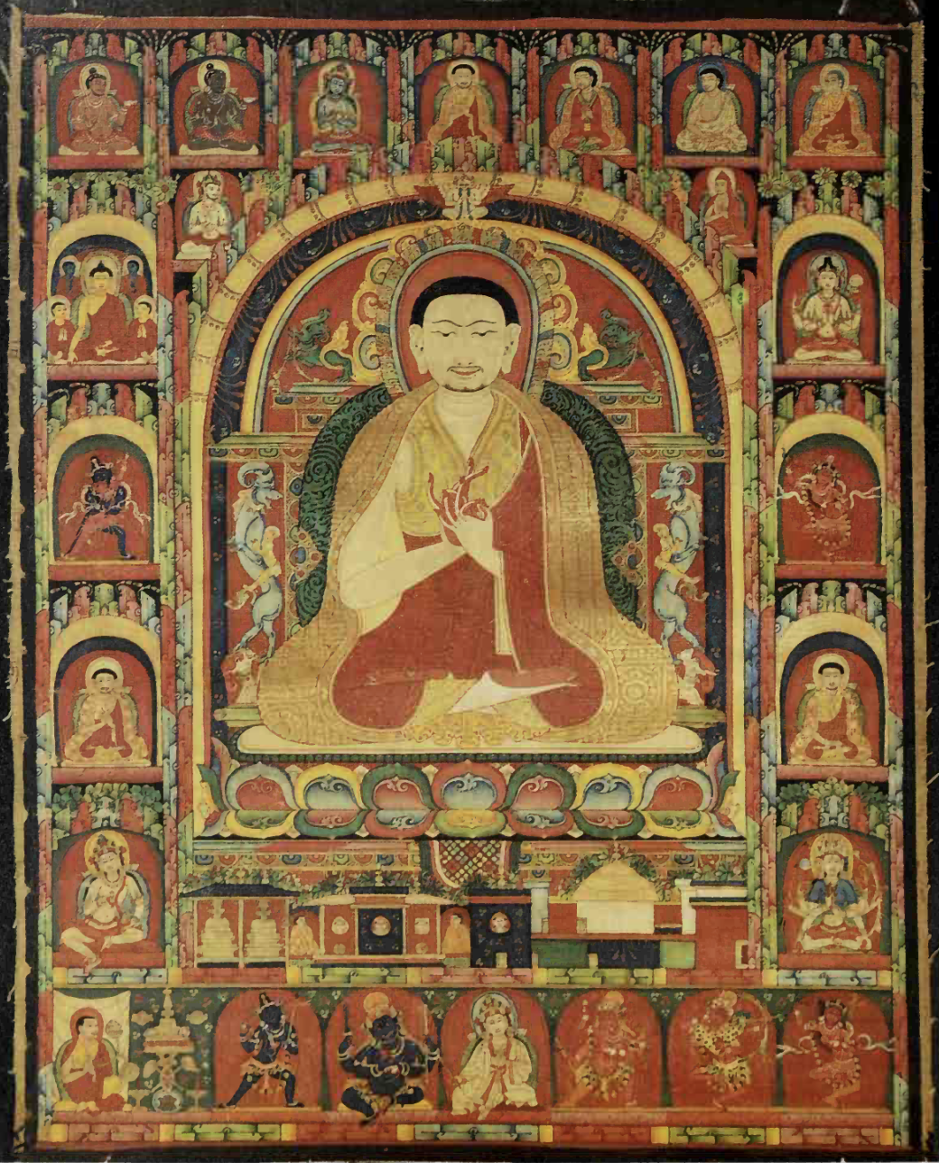 <ul><li><p>Lineage along top register, including primordial Buddha Vajradhara</p></li><li><p>Hut at bottom, referencing story in the biography of this founder of Taklung monastery</p></li><li><p>compositional structure: central figure being a human teacher facing foward, as opposed to a deity or Buddha, is not necessarily a deification, but surely emphasizes the importance of spiritual teachers and lineage</p></li></ul><p></p>