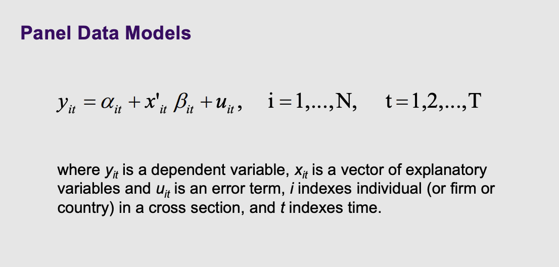 <p>Sub script of the varibales at which dimensions vary. It under the variables means individuals across time</p><p><span style="line-height: 1.15;"><strong>What it means:</strong> This introduces the basic formula for Panel Data: $y_{it} = \alpha_{it} + x'_{it}\beta_{it} + u_{it}$</span><span>.</span></p><p><span style="line-height: 1.15;"><strong>The Plain English Translation:</strong> Notice the little $i$ and $t$ subscripts attached to everything</span><span>.</span></p><ul><li><p><span>$i$</span> represents the specific individual (or firm, or country).</p></li><li><p><span>$t$</span> represents the specific year (or month, or day).</p></li><li><p><span style="line-height: 1.15;">Instead of just asking "What is John's income?", you are now asking "What is John's ($i$) income in the year 2010 ($t$)?"</span><span>.</span></p></li></ul><p></p>