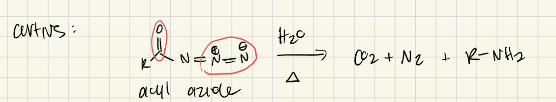 <p>Start from acyl azide</p><p>Use H<sub>2</sub>O and heat</p><p>Yield primary amine, CO<sub>2</sub>, and N<sub>2</sub></p>
