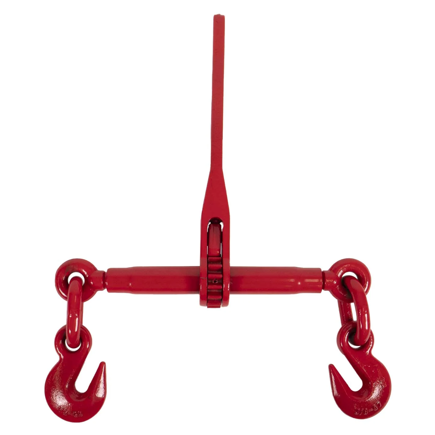 <p>Device with handle, offset links, and grab hooks that tightens load-binding chain when the handle is pulled.</p>
