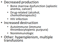 <p>-bone marrow dysfunction</p><p>-drugs</p><p>-HIV</p><p>-autoimmune</p>
