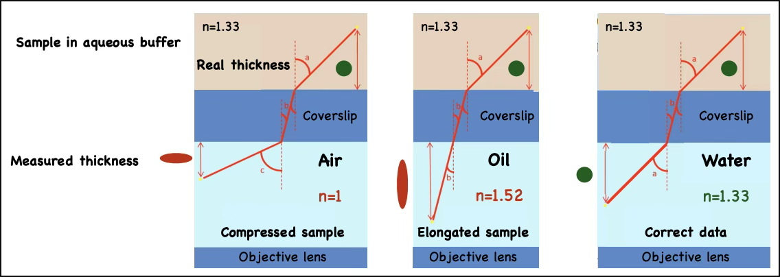 <ul><li><p><span>Happens when the refractive index of the sample medium differs from the objective immersion medium</span></p><ul><li><p><span>(e.g., aqueous sample n=1.33 with oil objective n=1.5).</span></p></li></ul></li></ul><ul><li><p><span>Light rays bend differently at the interface, causing mainly spherical aberration</span></p></li></ul><p></p>