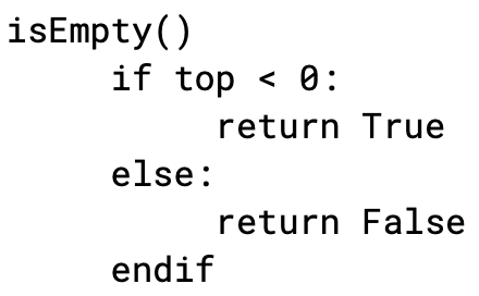 <ul><li><p>(checks if stack is empty)</p></li><li><p>checks if top pointer is less than 0 = empty stack </p></li></ul><p></p>