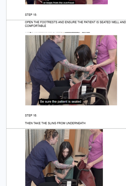 <ul><li><p><span style="background-color: transparent;">OPEN THE FOOTRESTS AND ENSURE THE PATIENT IS SEATED WELL AND COMFORTABLE</span></p></li></ul><p></p><ul><li><p><span style="background-color: transparent;">THEN TAKE THE SLING FROM UNDERNEATH</span></p></li></ul><p></p>