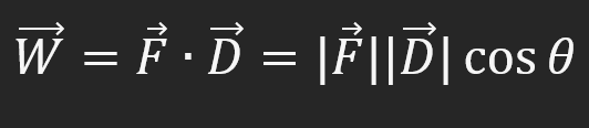 <p>W=F*D=|F||D|cos(theta/degree)</p>