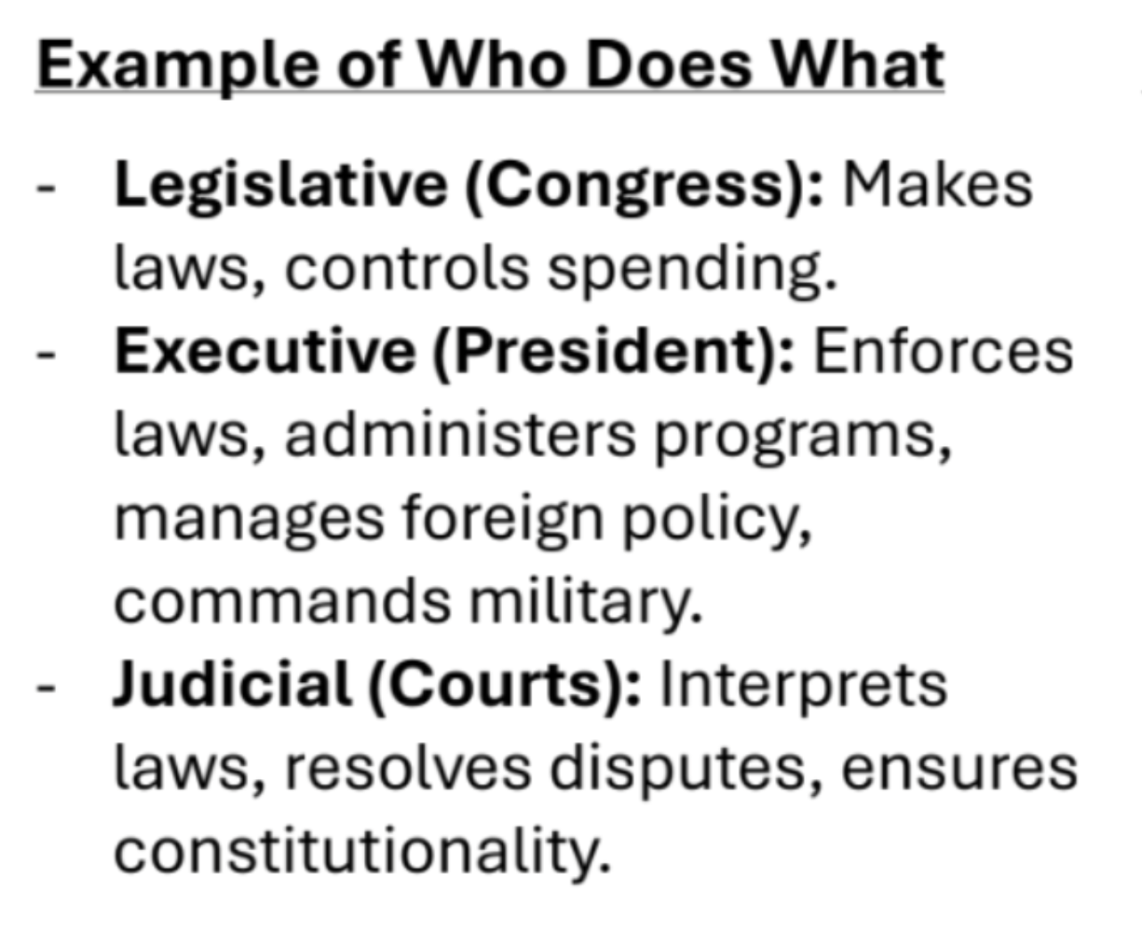 <p>division of government into three distinct branches with separate powers and responsibilities</p><p>—> prevents the concentration of powers into one branch</p><p></p>
