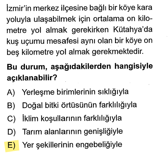 <p>Eğer kuş uçuşu (dümdüz) mesafe ile gerçek yol mesafesi arasındaki fark fazlaysa, o yol çok virajlıdır, dağları dolanıyordur. Bu da oranın engebeli olduğunu kanıtlar.</p>