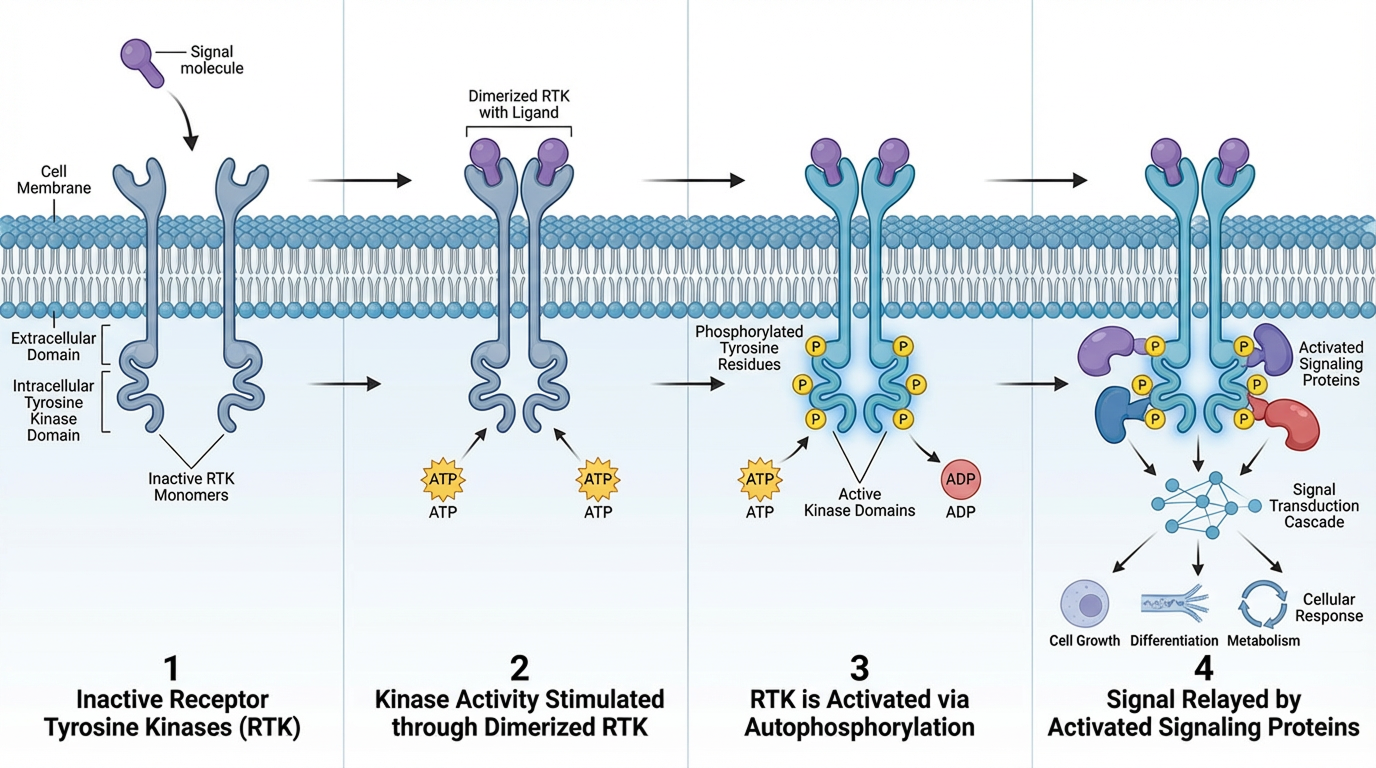 <p>Extracellular, transmembrane receptors that bind to growth factors and hormones; activate kinases (enzymes that phosphorylate proteins) by…</p><ol><li><p>Awaiting signal molecule binding as monomeric, inactive receptors</p></li><li><p>Binding to signal molecule and stimulating kinase activity</p><ol><li><p><u>Ligand-mediated dimerization:</u> dimeric ligands induce dimerization and activation</p></li><li><p><u>Receptor-mediated dimerization:</u> monomeric ligands are used; receptors must be dimerized in order to activate</p></li></ol></li><li><p>Transphosphorylating tyrosines on partner receptor to activate it</p></li></ol><p></p>