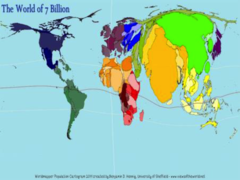<p>A map in which the size of an area is distorted proportionally, to represent the amount of data in that location. In a cartogram, areas are resized according to a specific variable, such as population or GDP, rather than their actual land area. </p>