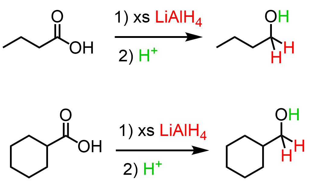 <p>Starting Material: Carboxylic acid; Reagents / Conditions: LiAlH₄; Product: Primary alcohol; Key Notes: Strong reduction</p>