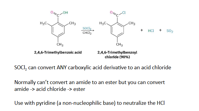 <p>the most reactive. why? Cl⁻ is an excellent leaving group.</p><p>Make acid chloride:</p><p class="isSelectedEnd"><strong>RCOOH → RCOCl</strong></p><p class="isSelectedEnd">Reagent:</p><p class="isSelectedEnd"><strong>SOCl₂</strong></p><p>Acid chloride reactions:</p><p class="isSelectedEnd"><strong>RCOCl + H₂O → RCOOH</strong><br>→ hydrolysis</p><p class="isSelectedEnd"><strong>RCOCl + ROH → RCOOR</strong><br>→ ester</p><p class="isSelectedEnd"><strong>RCOCl + RNH₂ → RCONHR</strong><br>→ amide</p><p class="isSelectedEnd"><strong>RCOCl + R₂CuLi → RCOR</strong><br>→ ketone</p><p class="isSelectedEnd"><strong>RCOCl + LiAlH₄ → RCH₂OH</strong><br>→ primary alcohol</p><p>Acid chloride + amine:</p><p class="isSelectedEnd">Usually use <strong>2 equivalents amine</strong>:</p><ul><li><p>one attacks</p></li><li><p>one neutralizes HCl</p></li></ul><p></p>