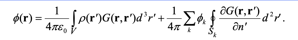 <p>Volume V does NOT include the conductors, the Green’s function in both integrals is the same and is the potential at <strong>r</strong> of a single point charge at <span style="line-height: 1.15;"><strong>r’</strong> with the condition that G=0 on the surface of all the conductors</span></p>