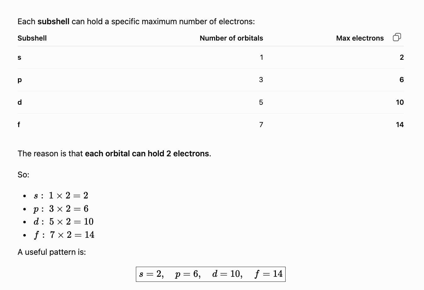 <p>s subshell= 1 orbital —> 2 e-</p><p>p subshell= 3 orbitals —> 6 e-</p><p>d subshell= 5 —> 10 e-</p><p>f subshell= 7 —> 14 e-</p><p></p>