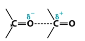 <p>Electrostatic interactions between charged groups such as carboxylate (-COO-) and <strong>amino </strong>(-NH3+) groups are <strong>IONIC </strong>interactions and are <strong>intermediate </strong>in strength to covalent bonds (strongest) and hydrogen bonds.</p><p>Reminder: Strength of bonds: Covalent bonds > Ionic interaction > hydrogen bonds > van der Waals interaction.</p><p>The interactions between two strongly <strong>POLAR!!!!!!!! </strong>(<strong>but NOT charged [charged would be ionic] and not hydrogen bond [between EN and a hydrogen atom]</strong>) is known as a dipole-dipole interaction!! Clarification: van der waal force; permanent dipoles present; a dipole-dipole interaction is an attraction between two molecules that are POLAR. </p><p>London dispersion = weakest of the van der waals forces = occur between NONPOLAR molecules as a r<strong>esult of small fluctuations</strong>. </p>