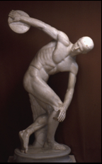 <p>Myron, <em>Discobolos</em>, ca. 450 B.C.E., Roman marble copy after a bronze original</p><p><span>•<u>Classical sculpture </u>puts primacy on the <u>naturalistic depiction of the human figure</u>, rendered in terms of <u>idealized proportions</u></span></p><p><span>•Life-likeness of Kritios Boy finds it logical culmination in the dynamic movement of the <u>Discobolos, or discus thrower</u>, the quintessential image of a <u>Greek athlete</u></span></p><p><span>•Romans were great collectors of Greek sculpture and copied or imported such works on grand scale; many masterworks of Greek sculpture have survived only in the form of such <u>Roman copies</u></span></p>
