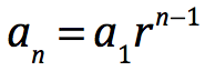 <p>an=a1(r)^n-1</p><p>a1= first term</p><p>r= difference between 2 terms </p><p>n= term you want to find out</p>
