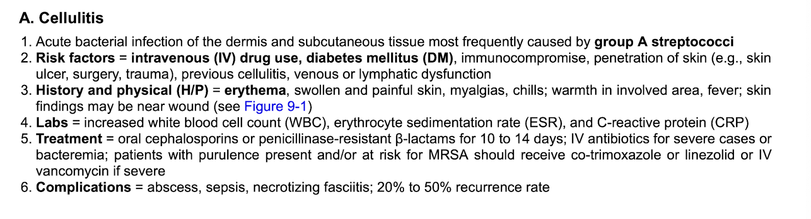 <p><strong>-Most bacterial cause is usually</strong>: GAS&nbsp;</p><p class="p2"></p><p class="p1"><strong>RF:</strong></p><p class="p1">-IV drug use</p><p class="p1">-DM</p><p class="p2"></p><p class="p1"><strong>Tx:&nbsp;</strong></p><p class="p1">-oral cephalosporins or penicillinase-resistant Beta lactase for 10-14 days&nbsp;</p><p class="p1">-IV abx for severe cases of sepsis&nbsp;</p><p class="p1">-Pts with purulence present and or risk for MRSA should receive cotrimoxazole or linezolid or IV vancomycin if severe&nbsp;</p>