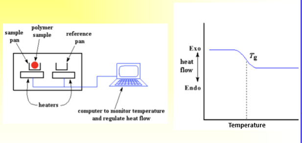<p>use to find the thermal transition probed; find Tg by measuring the heat that goes in the systme and then measures the change</p>