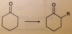 <p>addition of -R at alpha position of ketone/aldehyde</p>