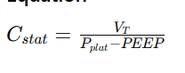 <ul><li><p>measurement of the elastic properties of the LUNGS </p></li><li><p>Equation: tidal volume / plateau pressure (minus PEEP)</p><ul><li><p>NOTE: an increase in plateau pressure will DECREASE compliance</p></li></ul></li></ul><p></p>
